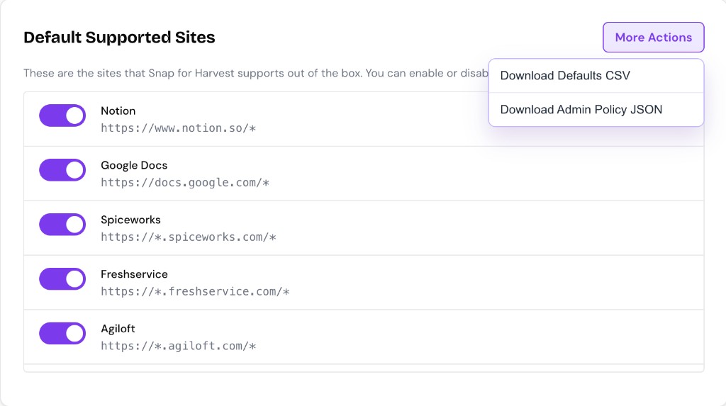 Extension options page showing More Actions dropdown with Download Defaults CSV and Download Admin Policy JSON options