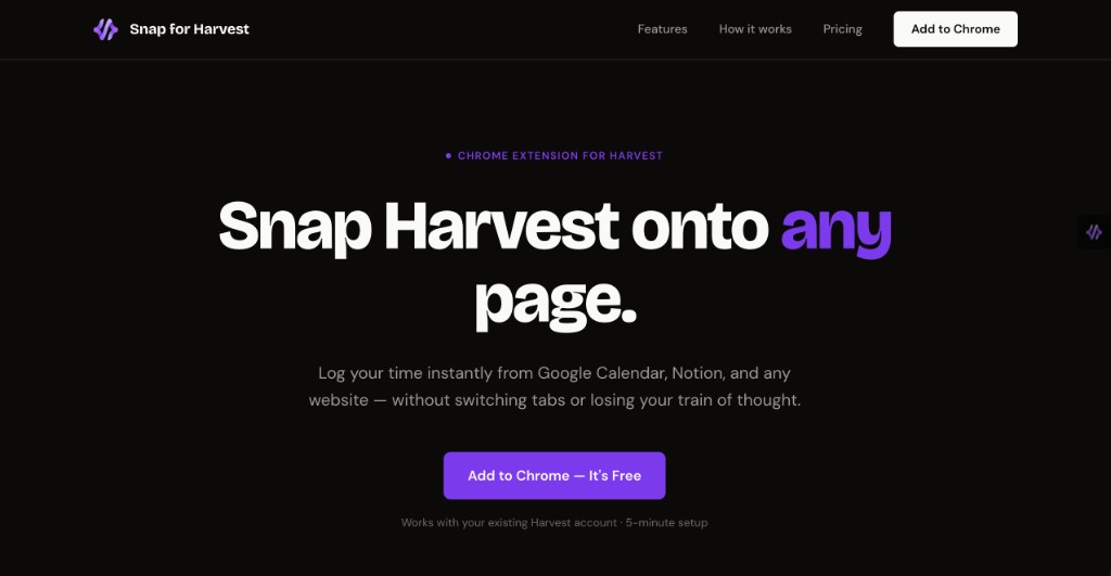 Custom website showing draggable Snap for Harvest button