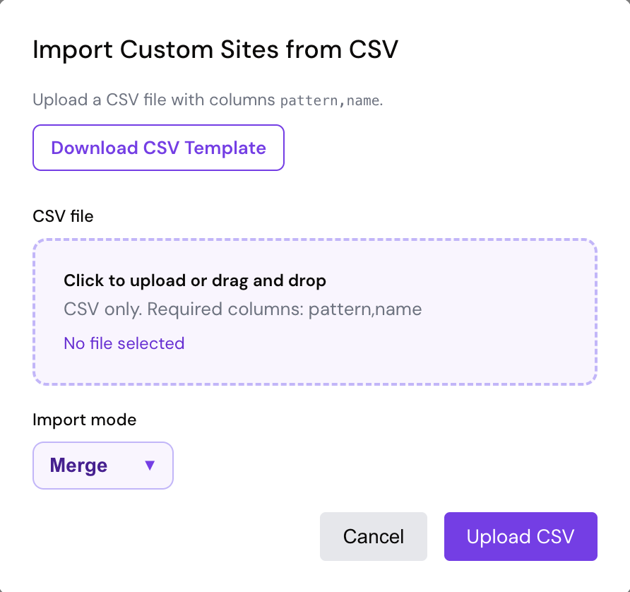 Import CSV popup showing drag-and-drop file zone and import mode selector