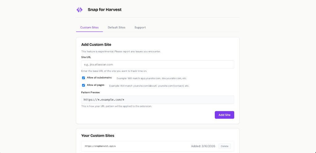 Options page showing custom site form with URL pattern settings