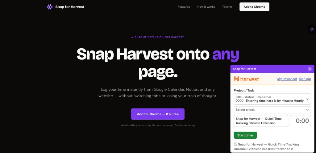Harvest timer overlay open on a custom website