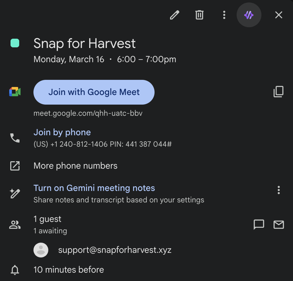 Google Calendar event showing Snap for Harvest button in the header