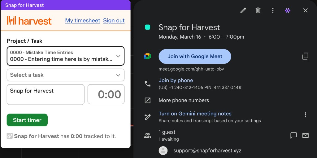 Harvest timer panel open next to Google Calendar event
