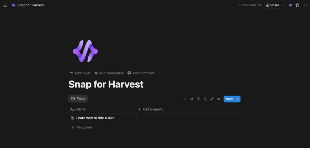Notion page showing Snap for Harvest button in the toolbar
