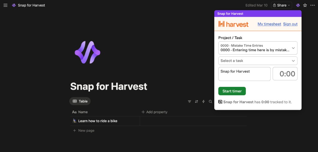 Harvest timer popup open on Notion page